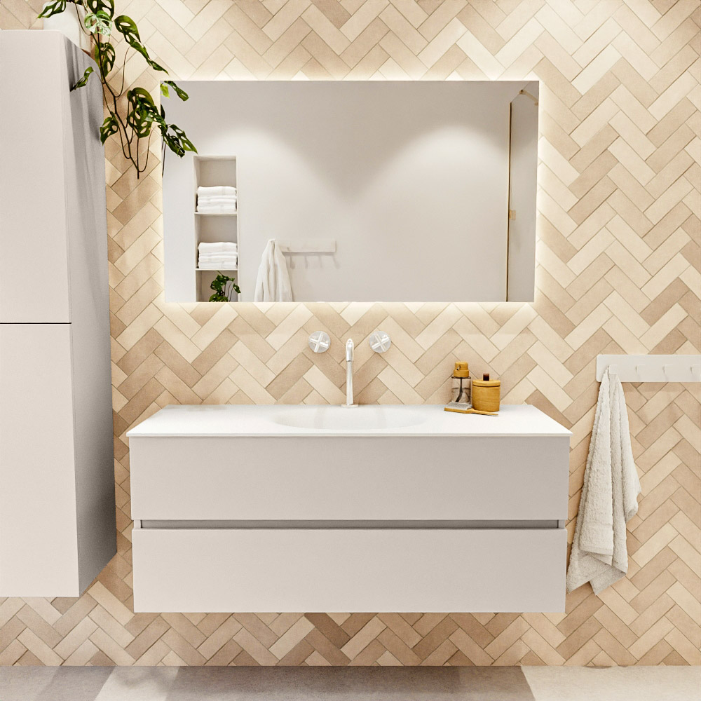 MONDIAZ VICA 120cm mueble de baño Linen 2 cajones. Lavabo MOON Centro 1 orificio, color Talc. 2 color Talc.