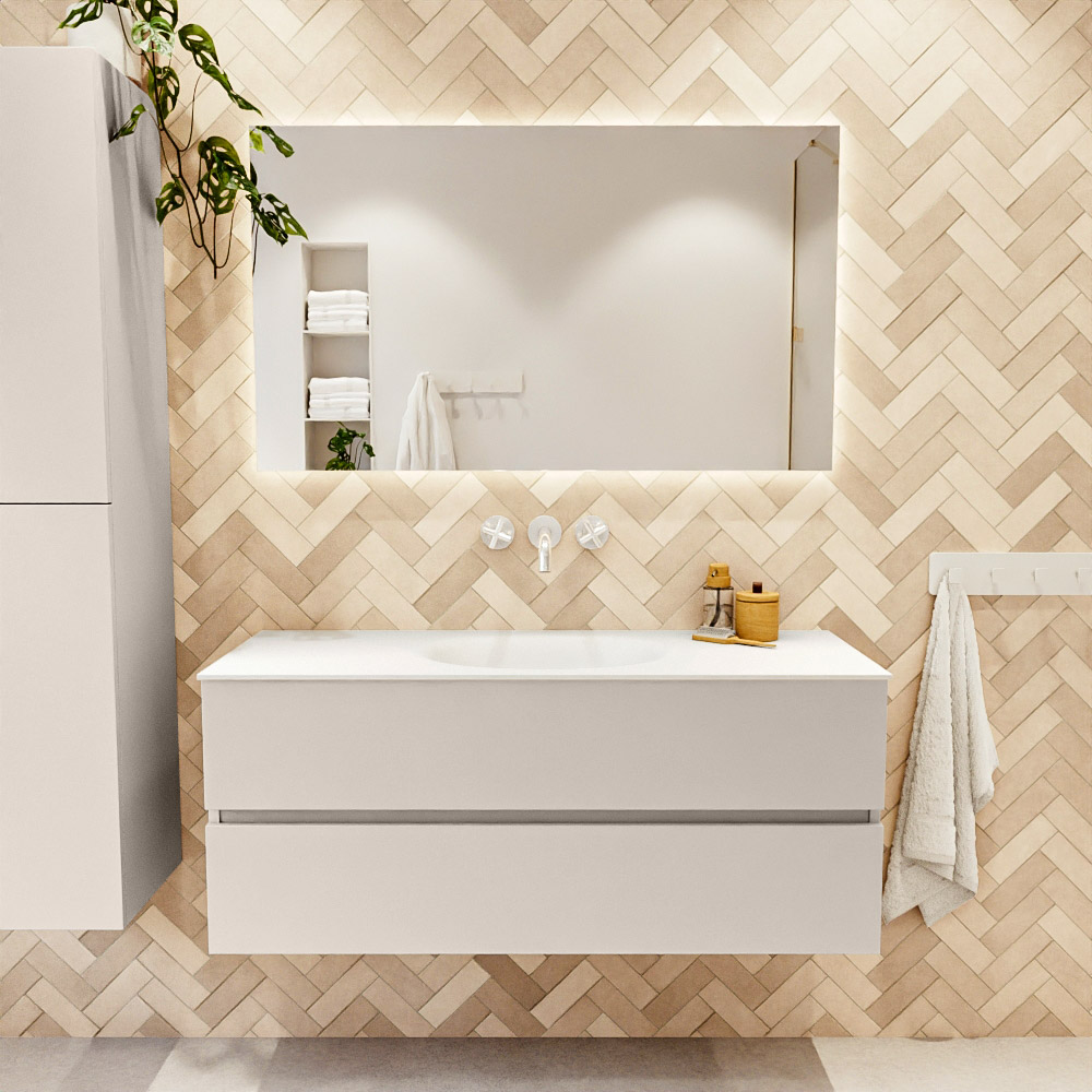 MONDIAZ VICA 120cm mueble de baño Linen 2 cajones. Lavabo MOON Centro sin orificio, color Talc. 2 color Talc.