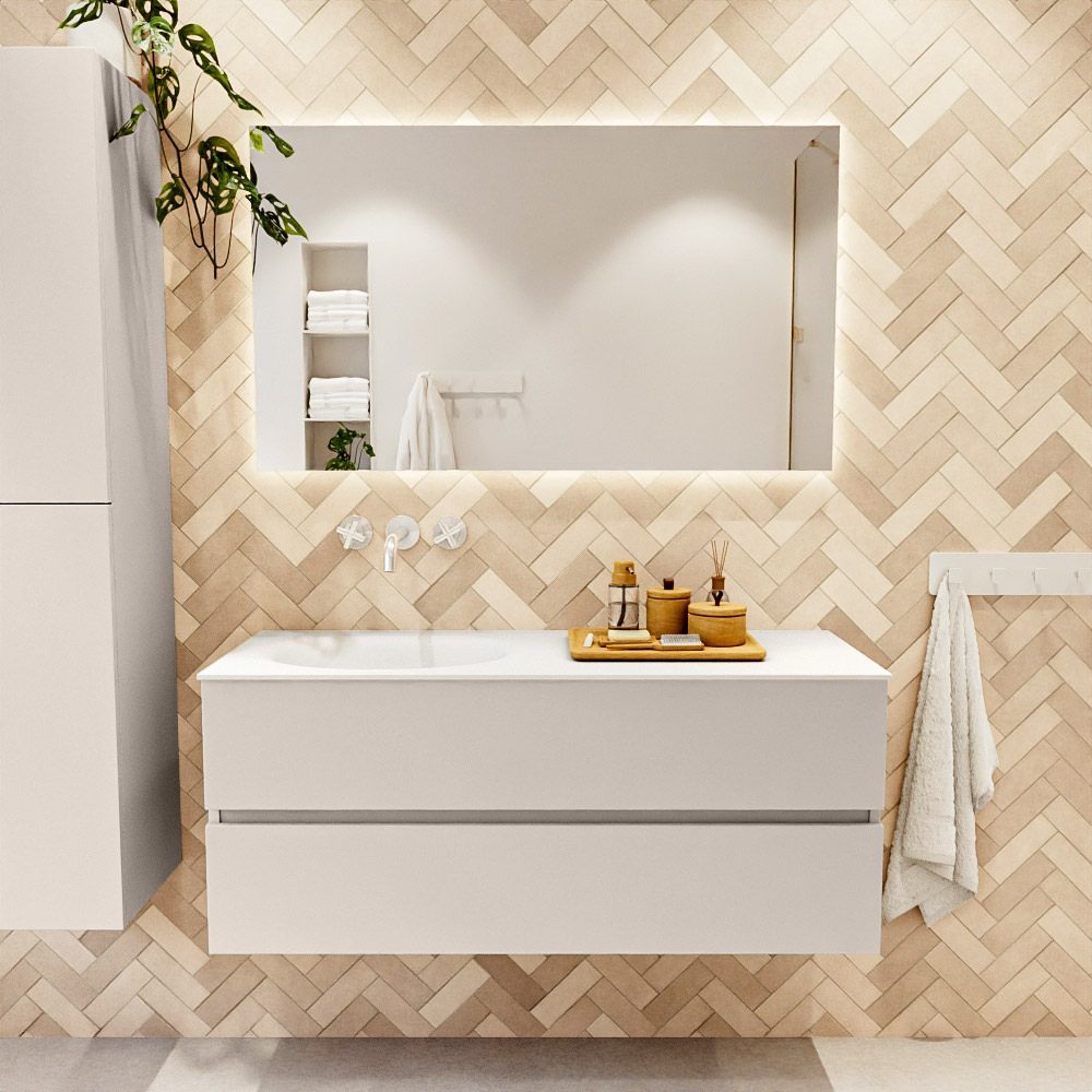 MONDIAZ VICA 120cm mueble de baño Linen 2 cajones. Lavabo MOON Izquierda sin orificio, color Talc. 2 color Talc.