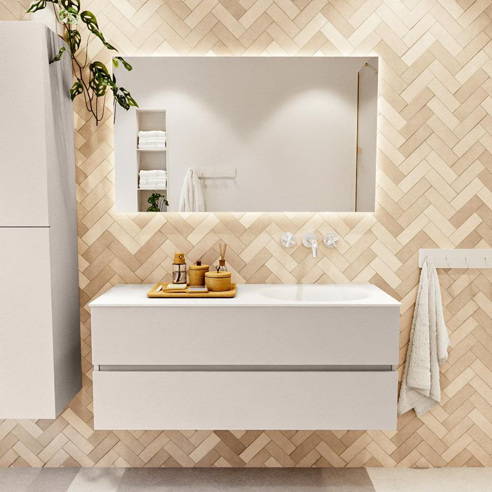 MONDIAZ VICA 120cm mueble de baño Linen 2 cajones. Lavabo MOON Derecho sin orificio, color Talc. 2 color Talc.