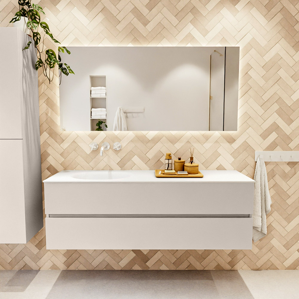 MONDIAZ VICA 150cm mueble de baño Linen 2 cajones. Lavabo MOON Izquierda sin orificio, color Talc. 2 color Talc.