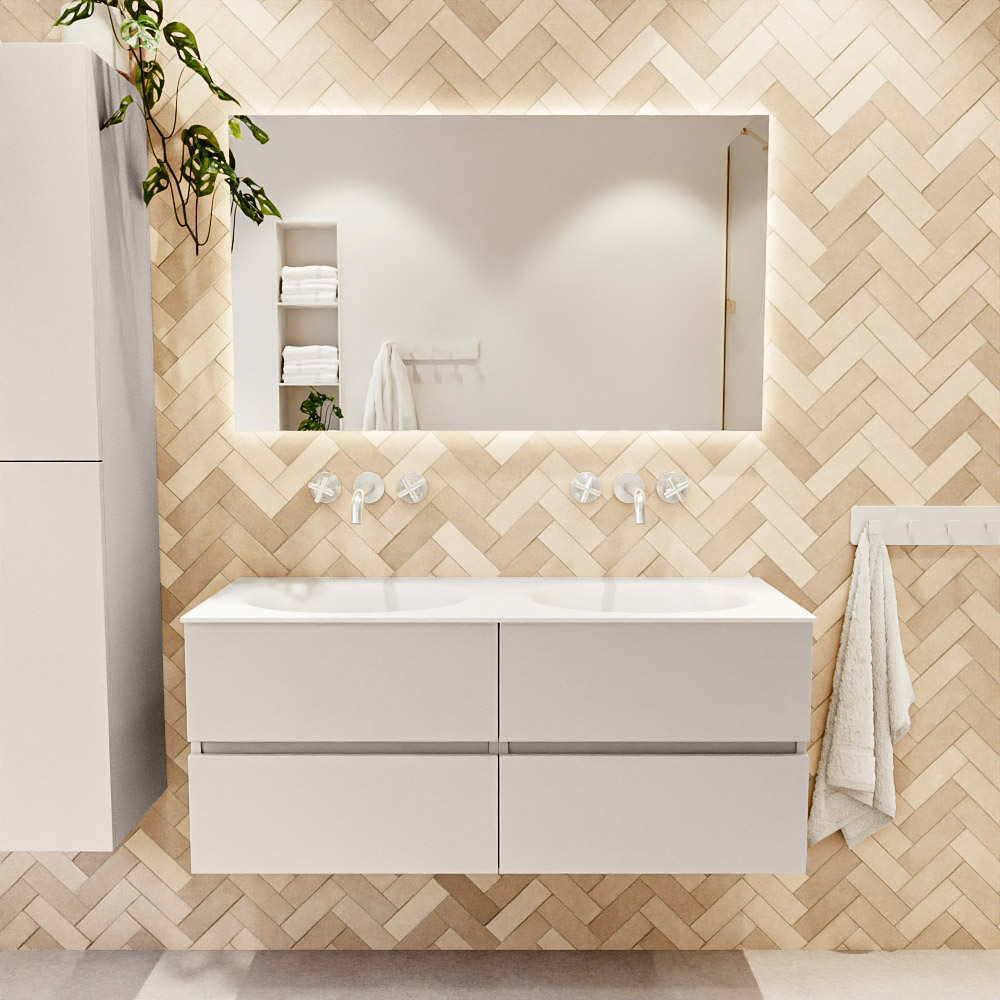 MONDIAZ VICA 120cm mueble de baño Linen 4 cajones. Lavabo MOON Doble sin orificio, color Talc. 2 color Talc.