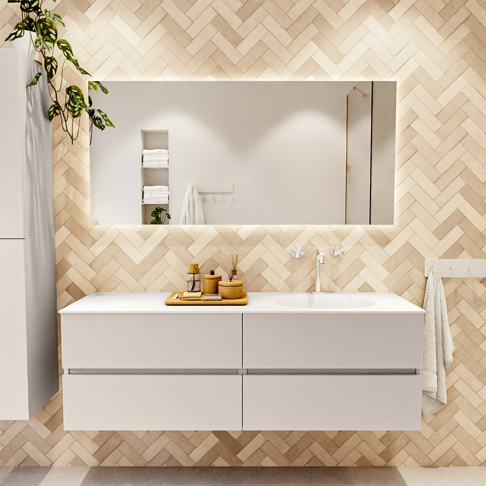 MONDIAZ VICA 150cm mueble de baño Linen 4 cajones. Lavabo MOON Derecho 1 orificio, color Talc. 2 color Talc.