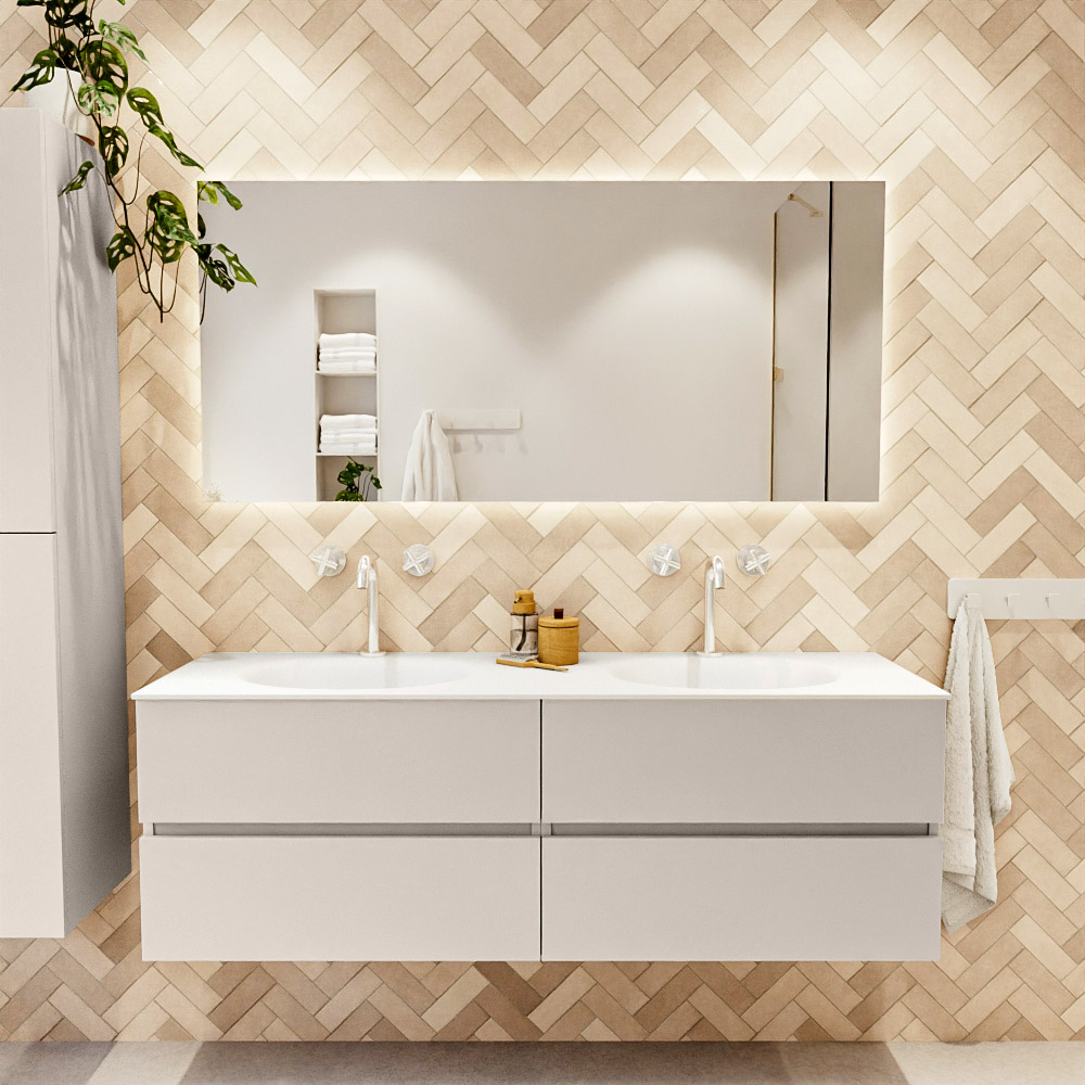MONDIAZ VICA 150cm mueble de baño Linen 4 cajones. Lavabo MOON Doble 2 orificios, color Talc. 2 color Talc.