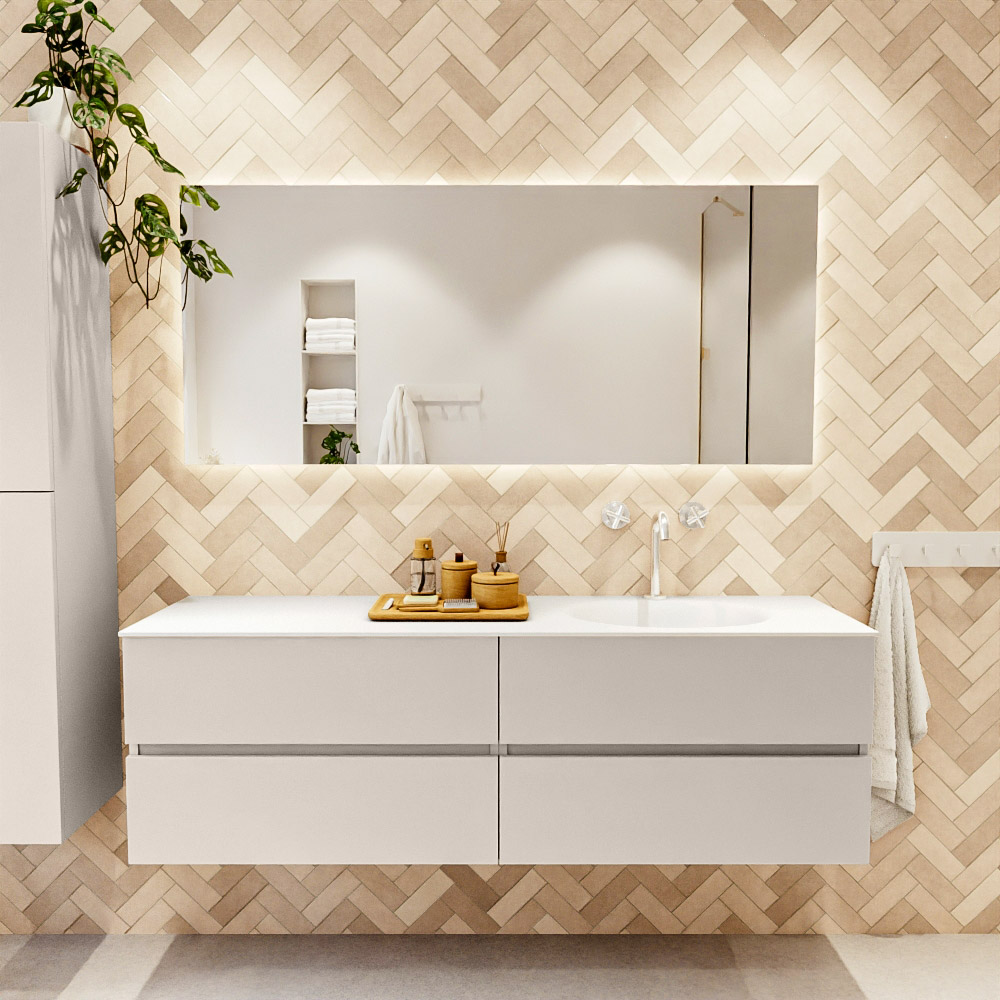 MONDIAZ VICA 160cm mueble de baño Linen 4 cajones. Lavabo MOON Derecho 1 orificio, color Talc. 2 color Talc.