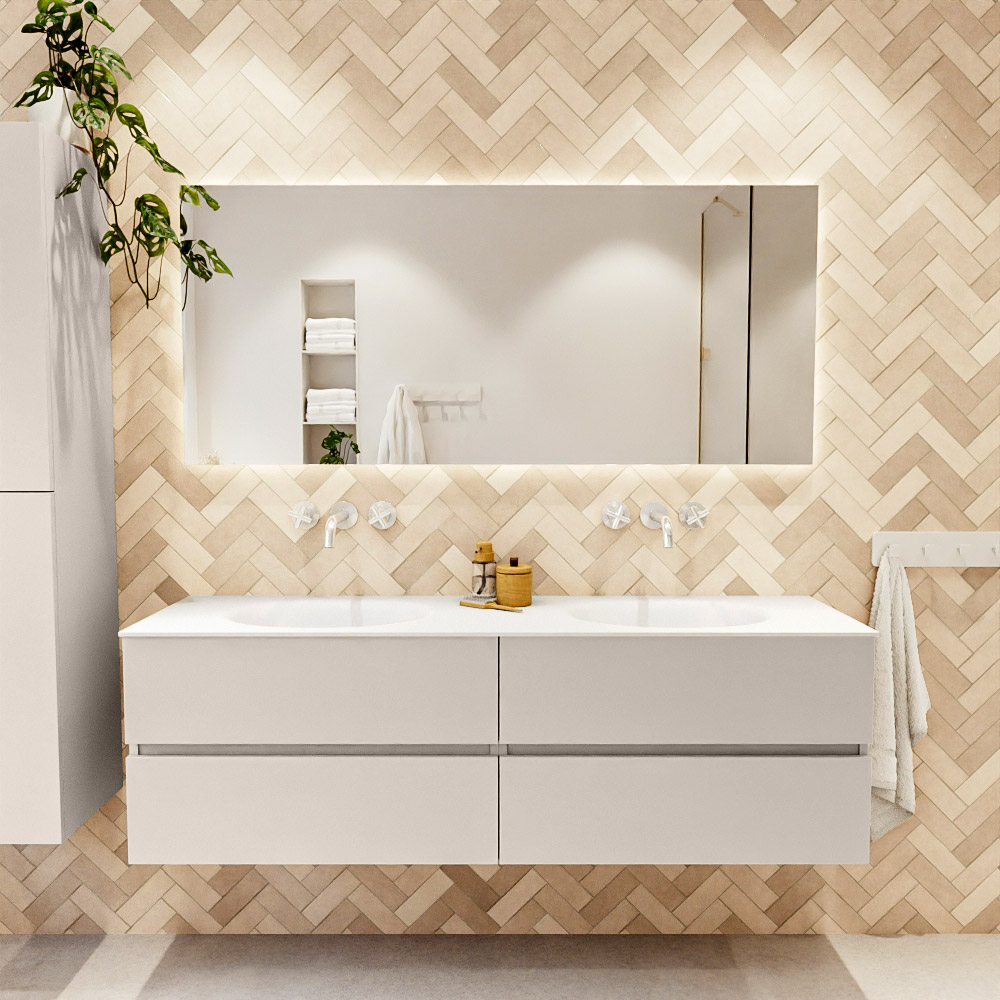 MONDIAZ VICA 160cm mueble de baño Linen 4 cajones. Lavabo MOON Doble sin orificio, color Talc. 2 color Talc.