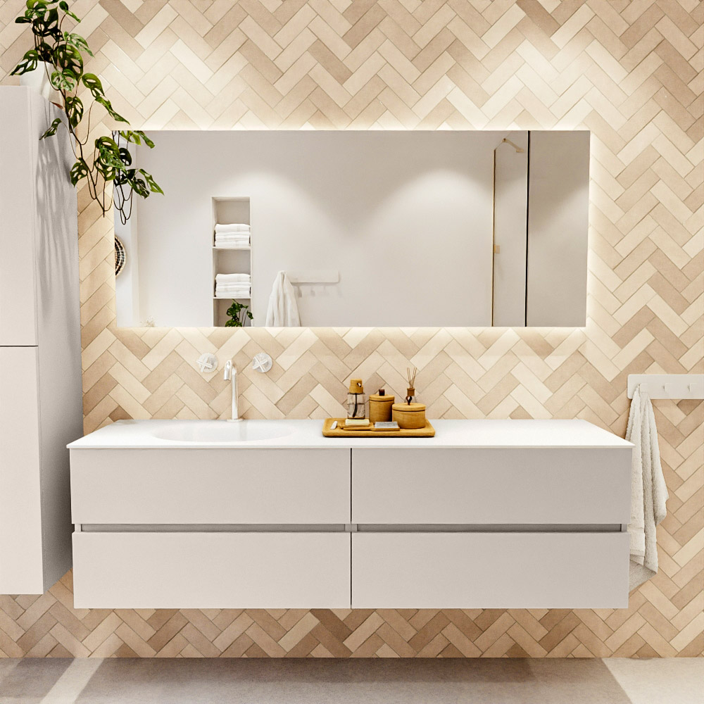 MONDIAZ VICA 170cm mueble de baño Linen 4 cajones. Lavabo MOON Izquierda 1 orificio, color Talc. 2 color Talc.
