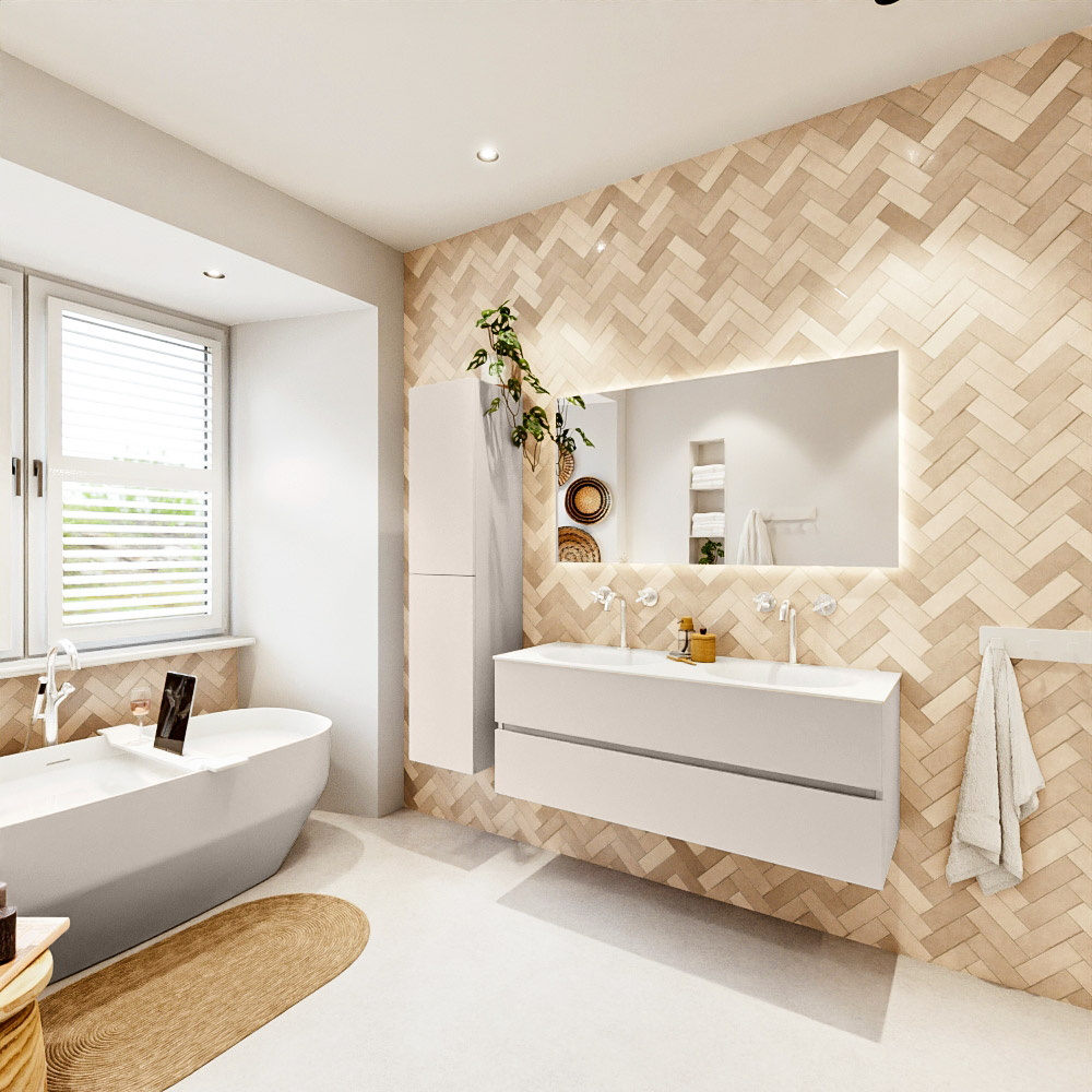 MONDIAZ VICA 130cm mueble de baño Linen 2 cajones. Lavabo MOON Doble 2 orificios, color Talc. 4 MONDIAZ VICA 130cm mueble de baño Linen 2 cajones. Lavabo MOON Doble 2 orificios, color Talc. - Imagen 4