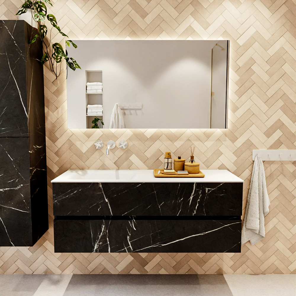 MONDIAZ VICA 130cm mueble de baño Marquina 2 cajones. Lavabo CLOUD Izquierda sin orificio, color Talc. 2 color Talc.