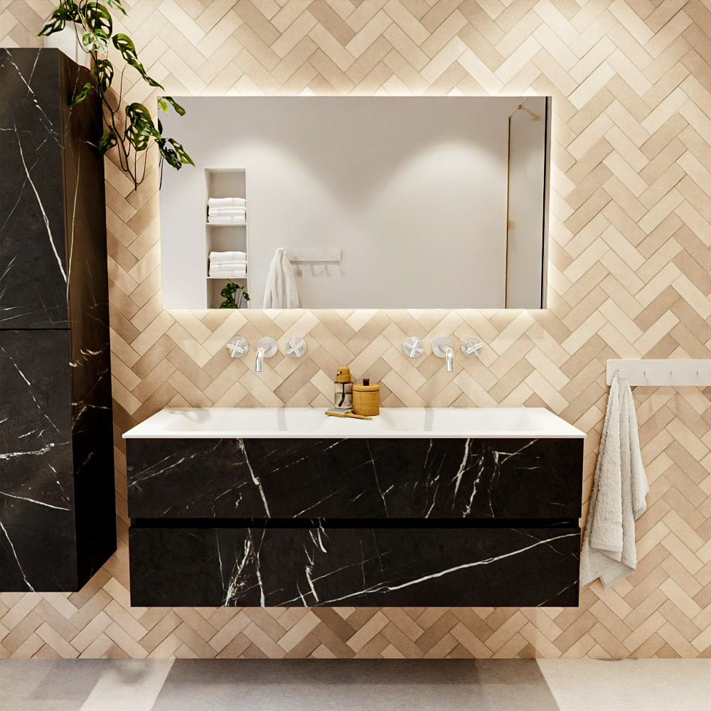 MONDIAZ VICA 130cm mueble de baño Marquina 2 cajones. Lavabo CLOUD Doble sin orificio, color Talc. 2 color Talc.
