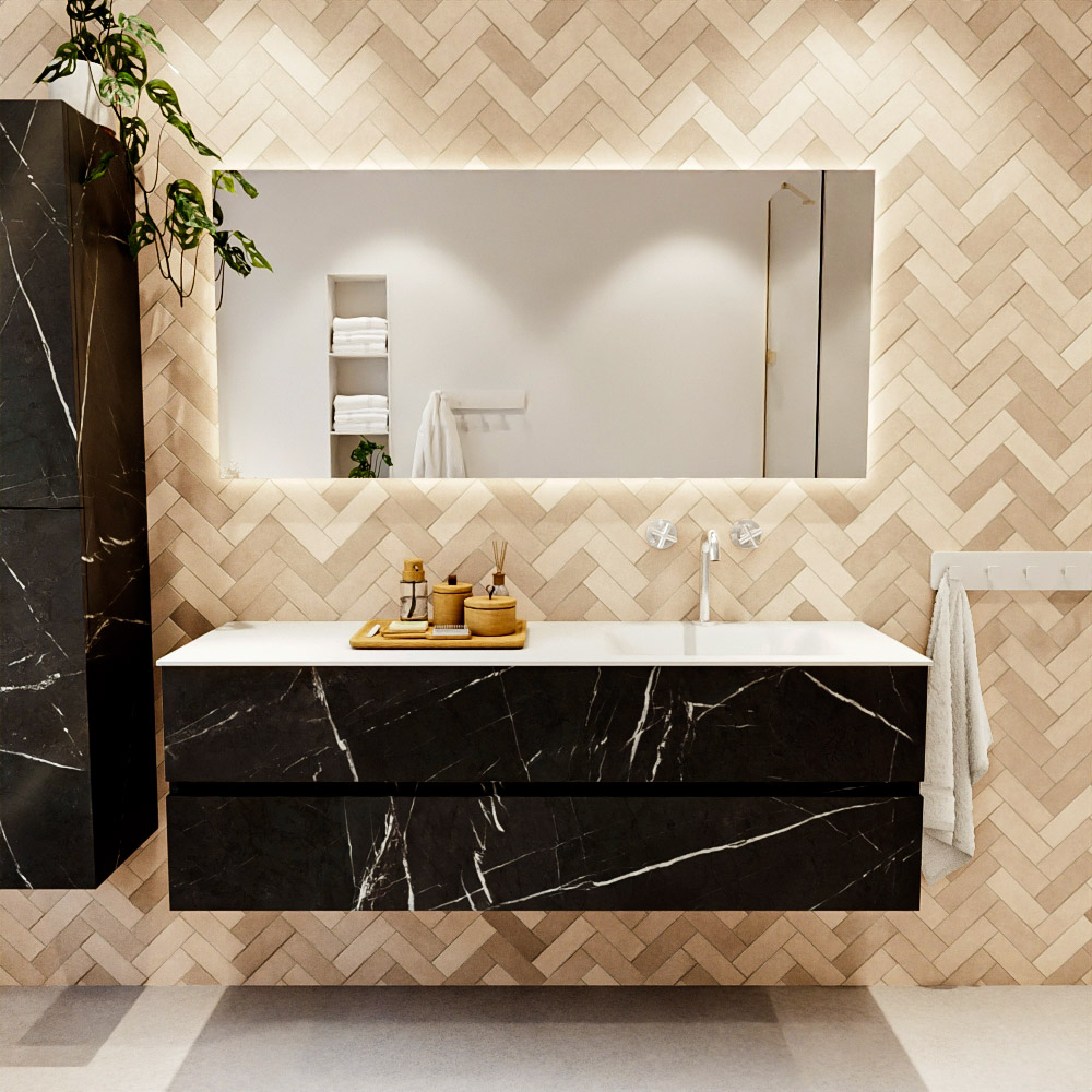 MONDIAZ VICA 150cm mueble de baño Marquina 2 cajones. Lavabo CLOUD Derecho 1 orificio, color Talc. 2 color Talc.