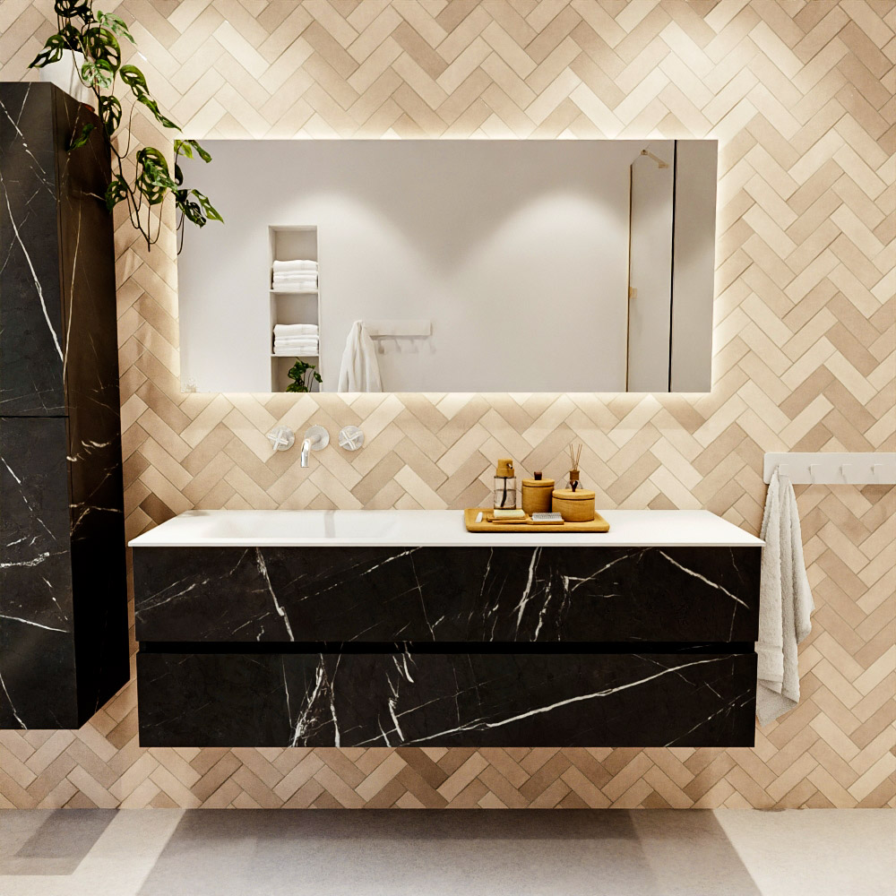 MONDIAZ VICA 150cm mueble de baño Marquina 2 cajones. Lavabo CLOUD Izquierda sin orificio, color Talc. 2 color Talc.