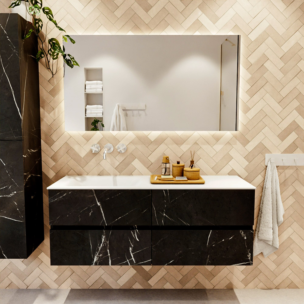 MONDIAZ VICA 130cm mueble de baño Marquina 4 cajones. Lavabo CLOUD Izquierda sin orificio, color Talc. 2 color Talc.