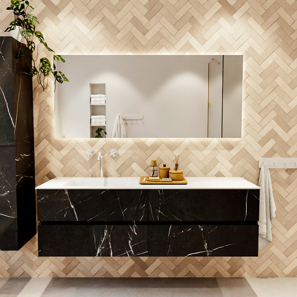 MONDIAZ VICA 160cm mueble de baño Marquina 4 cajones. Lavabo CLOUD Izquierda 1 orificio, color Talc. 2 color Talc.