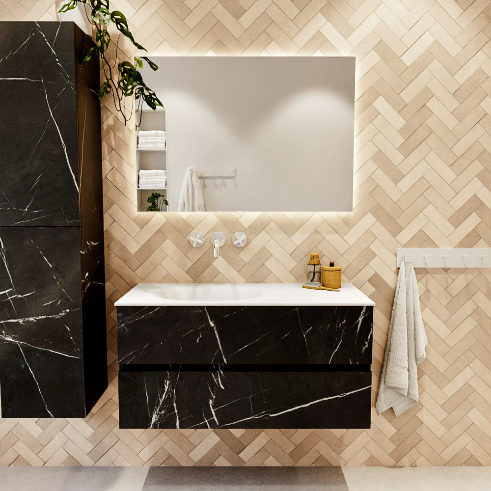 MONDIAZ VICA 100cm mueble de baño Marquina 2 cajones. Lavabo MOON Izquierda sin orificio, color Talc. 2 color Talc.