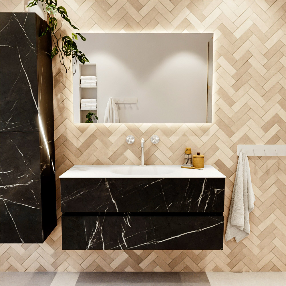 MONDIAZ VICA 110cm mueble de baño Marquina 2 cajones. Lavabo MOON Centro 1 orificio, color Talc. 2 color Talc.
