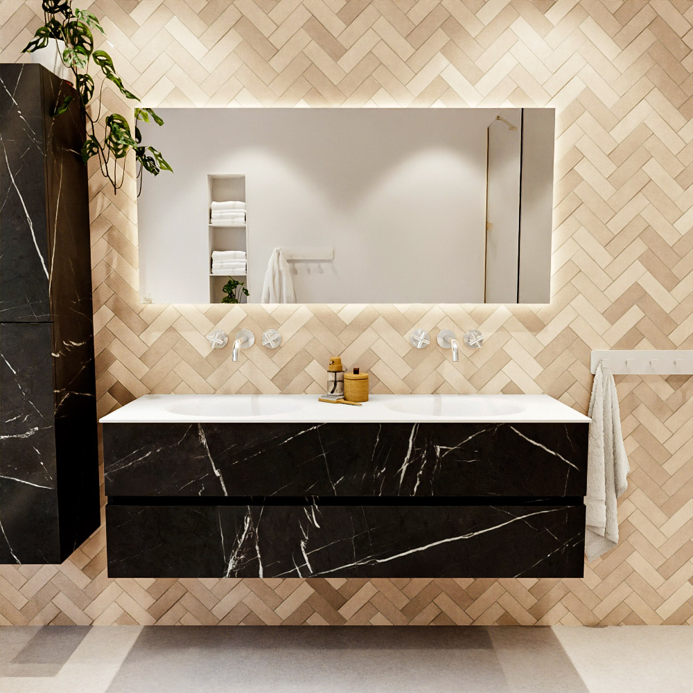 MONDIAZ VICA 150cm mueble de baño Marquina 2 cajones. Lavabo MOON Doble sin orificio, color Talc. 2 color Talc.