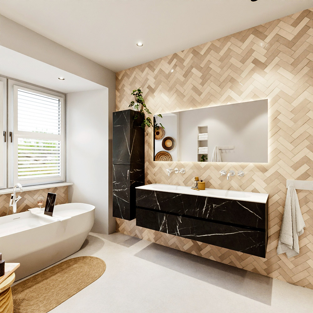 MONDIAZ VICA 150cm mueble de baño Marquina 2 cajones. Lavabo MOON Doble sin orificio, color Talc. 4 MONDIAZ VICA 150cm mueble de baño Marquina 2 cajones. Lavabo MOON Doble sin orificio, color Talc. - Imagen 4
