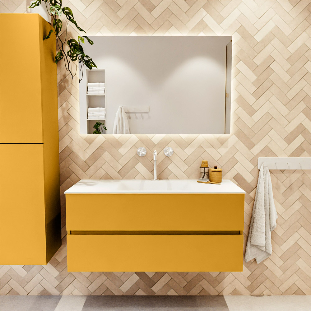 MONDIAZ VICA 110cm mueble de baño Ocher 2 cajones. Lavabo CLOUD Centro 1 orificio, color Talc. 2 color Talc.
