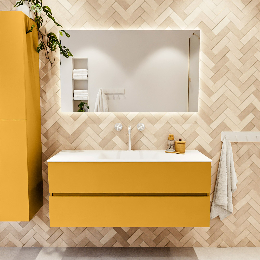 MONDIAZ VICA 120cm mueble de baño Ocher 2 cajones. Lavabo CLOUD Centro 1 orificio, color Talc. 2 color Talc.
