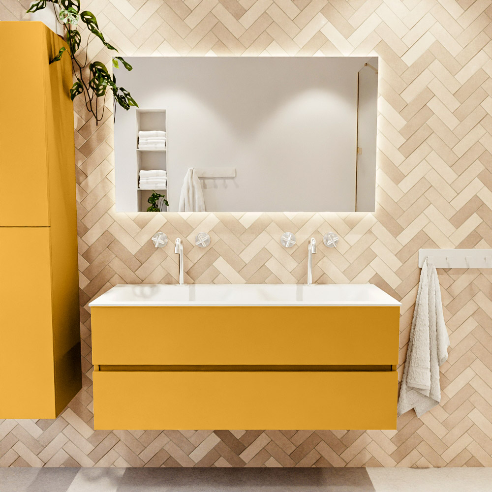 MONDIAZ VICA 120cm mueble de baño Ocher 2 cajones. Lavabo CLOUD Doble 2 orificios, color Talc. 2 color Talc.
