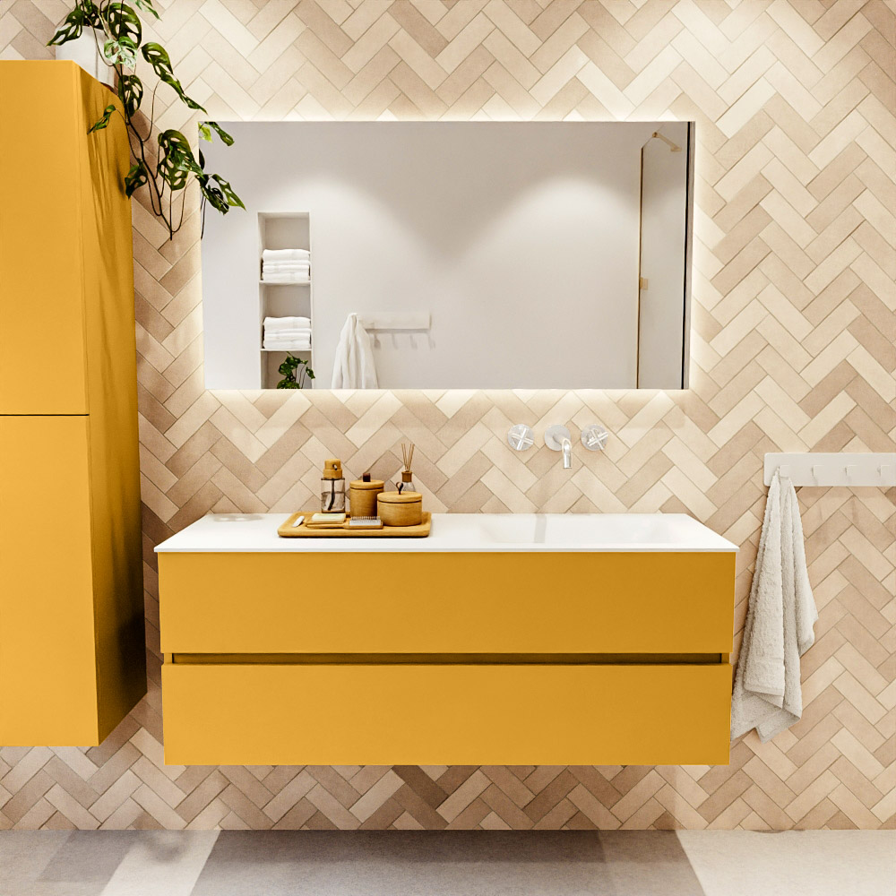 MONDIAZ VICA 130cm mueble de baño Ocher 2 cajones. Lavabo CLOUD Derecho sin orificio, color Talc. 2 color Talc.