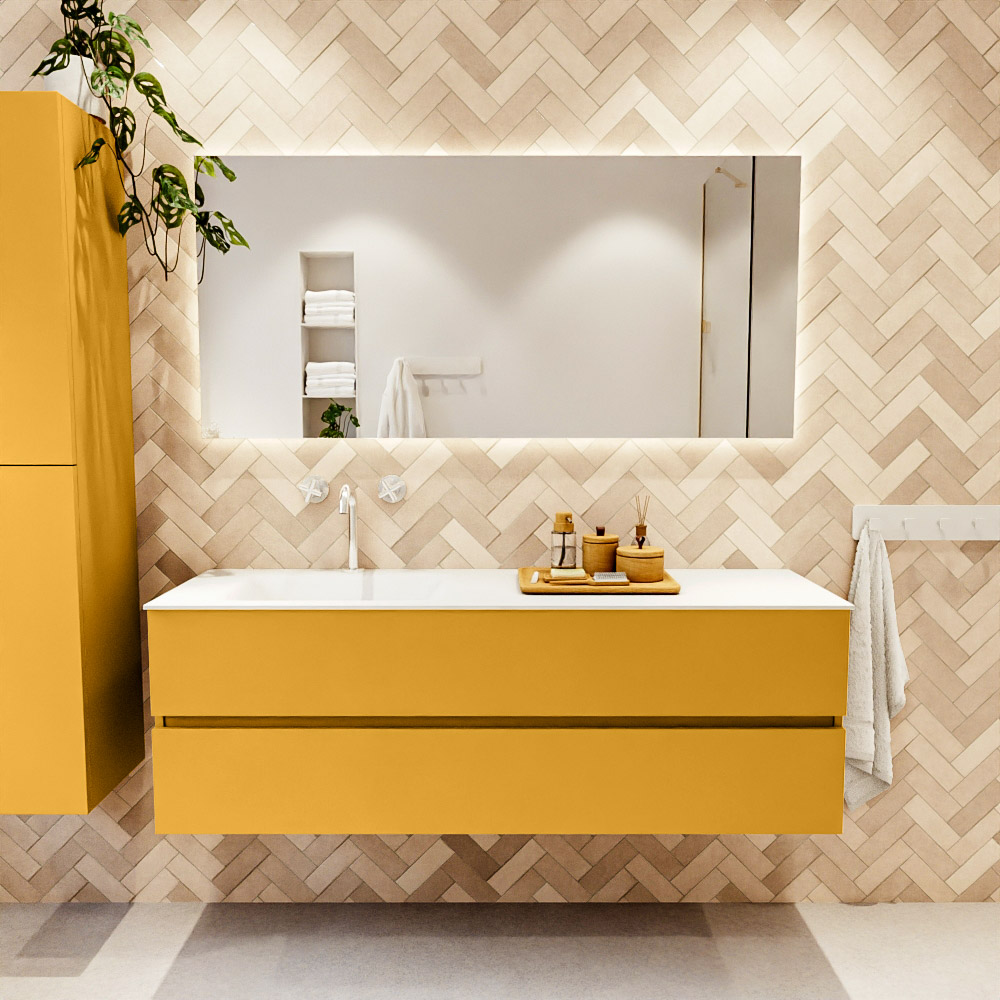 MONDIAZ VICA 150cm mueble de baño Ocher 2 cajones. Lavabo CLOUD Izquierda 1 orificio, color Talc. 2 color Talc.