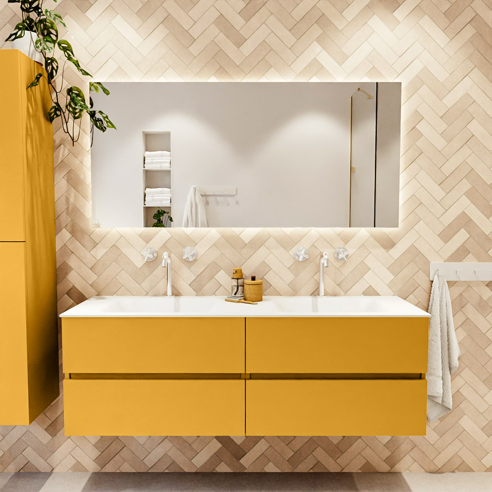 MONDIAZ VICA 150cm mueble de baño Ocher 4 cajones. Lavabo CLOUD Doble 2 orificios, color Talc. 2 color Talc.