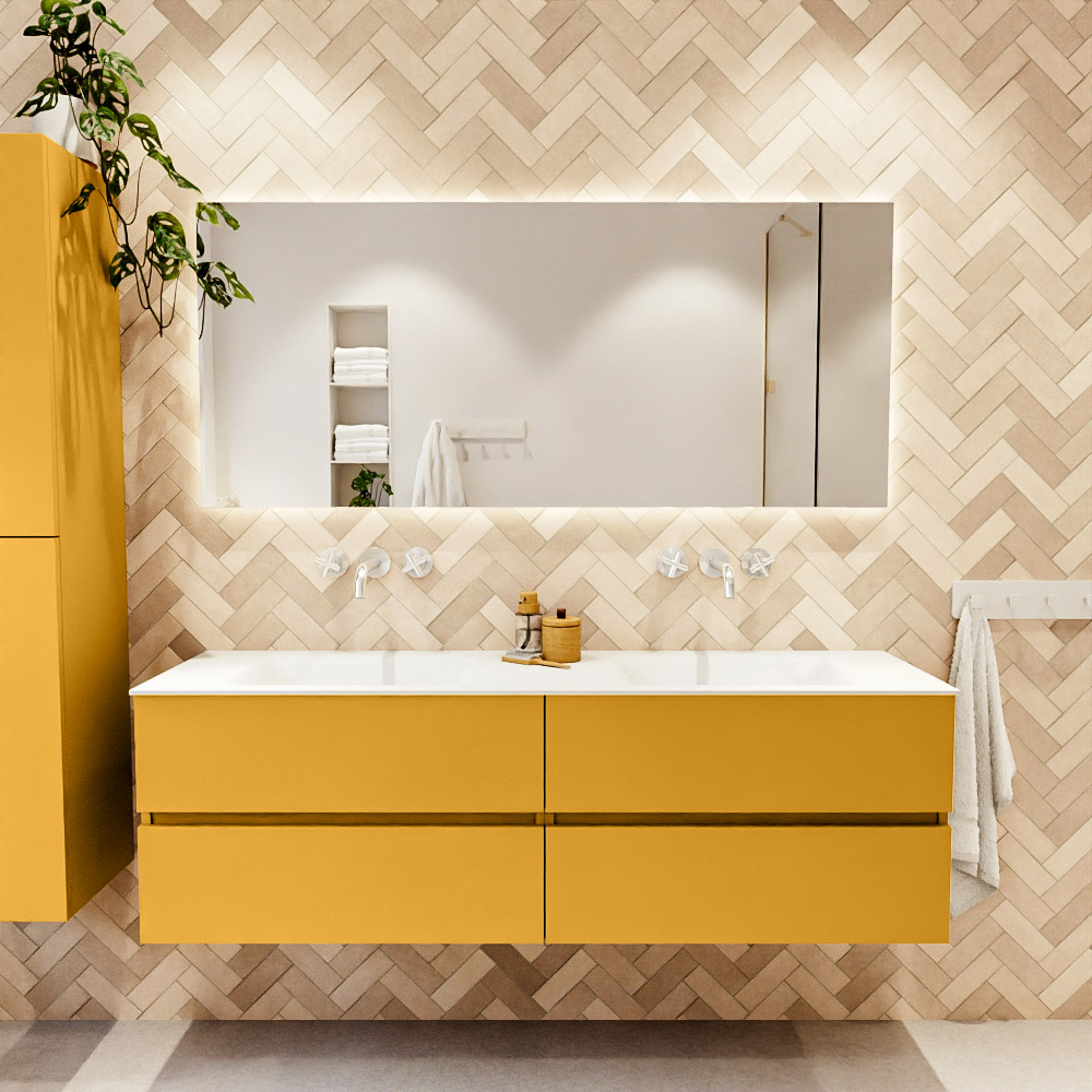 MONDIAZ VICA 160cm mueble de baño Ocher 4 cajones. Lavabo CLOUD Doble sin orificio, color Talc. 2 color Talc.
