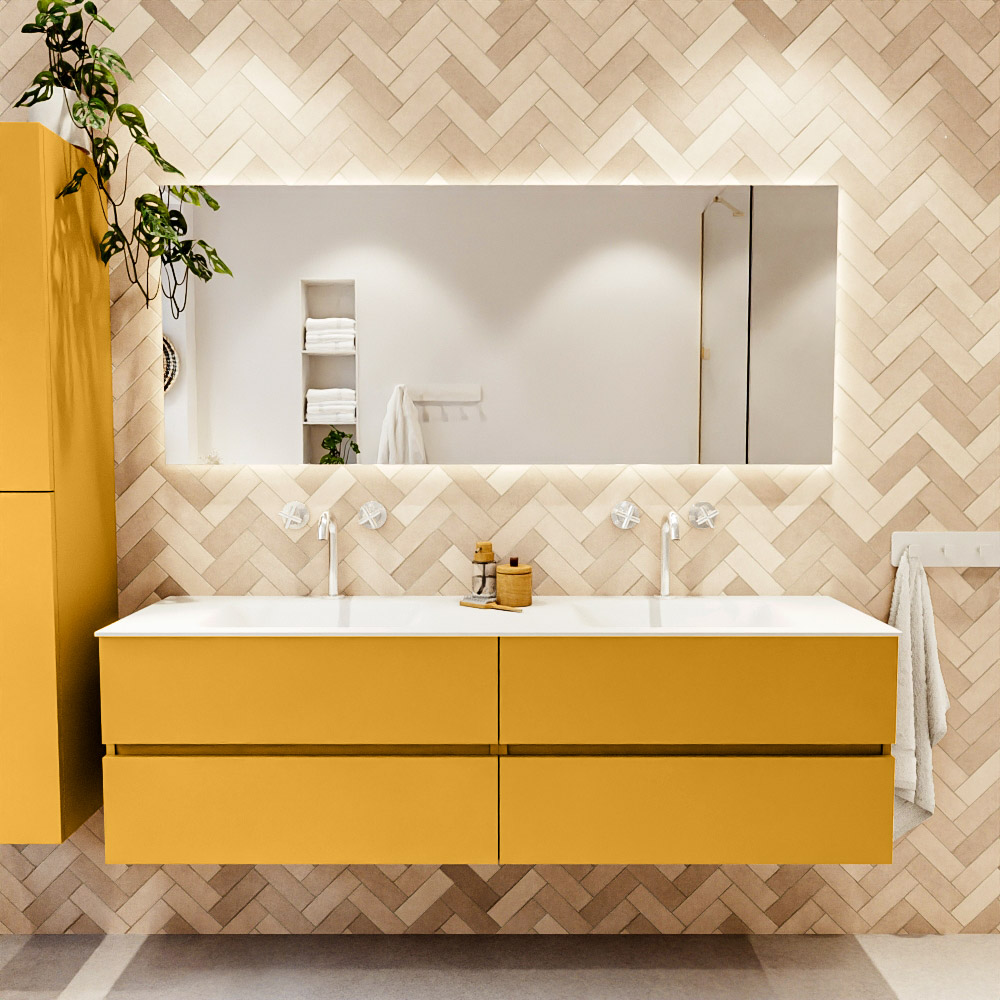 MONDIAZ VICA 170cm mueble de baño Ocher 4 cajones. Lavabo CLOUD Doble 2 orificios, color Talc. 2 color Talc.