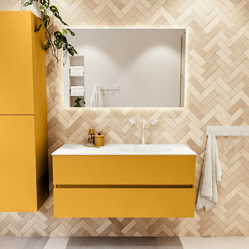 MONDIAZ VICA 110cm mueble de baño Ocher 2 cajones. Lavabo MOON Derecho 1 orificio, color Talc. 2 color Talc.