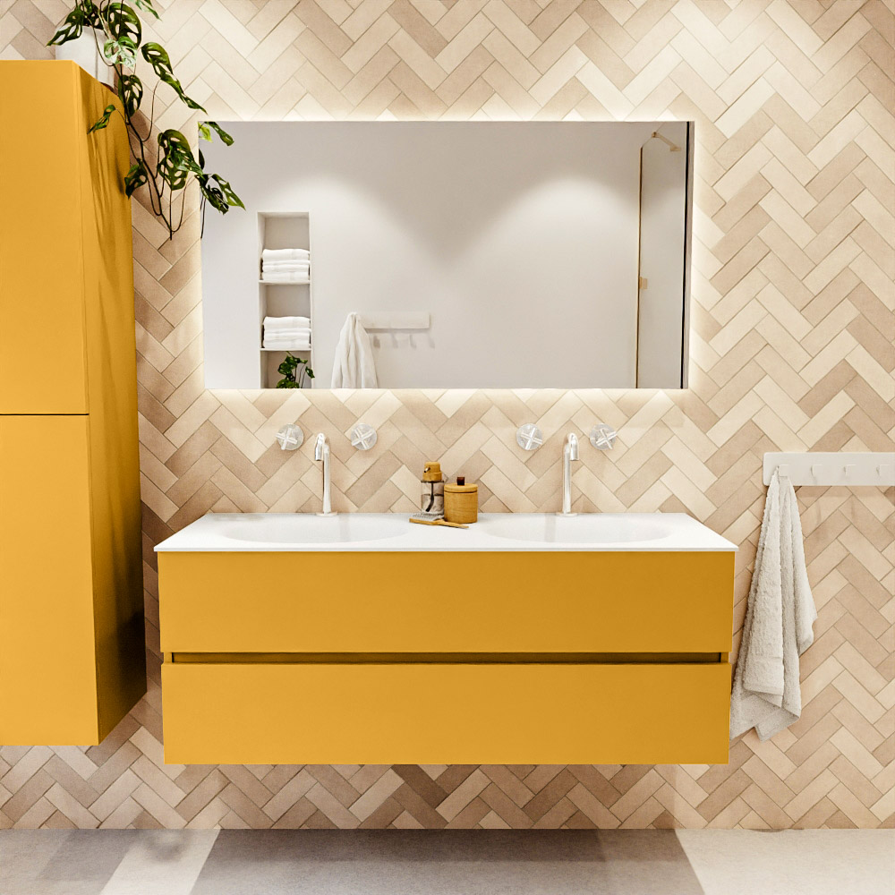 MONDIAZ VICA 130cm mueble de baño Ocher 2 cajones. Lavabo MOON Doble 2 orificios, color Talc. 2 color Talc.