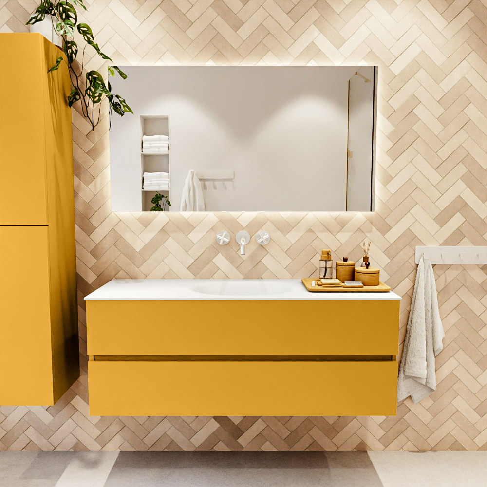 MONDIAZ VICA 130cm mueble de baño Ocher 2 cajones. Lavabo MOON Centro sin orificio, color Talc. 2 color Talc.