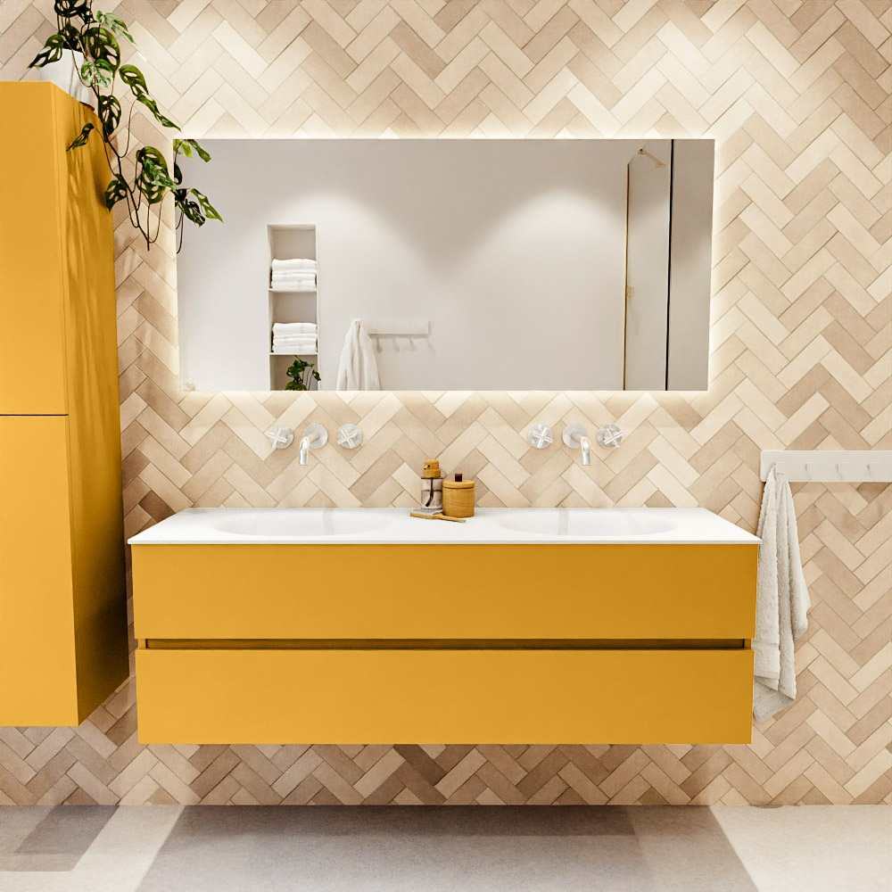 MONDIAZ VICA 150cm mueble de baño Ocher 2 cajones. Lavabo MOON Doble sin orificio, color Talc. 2 color Talc.