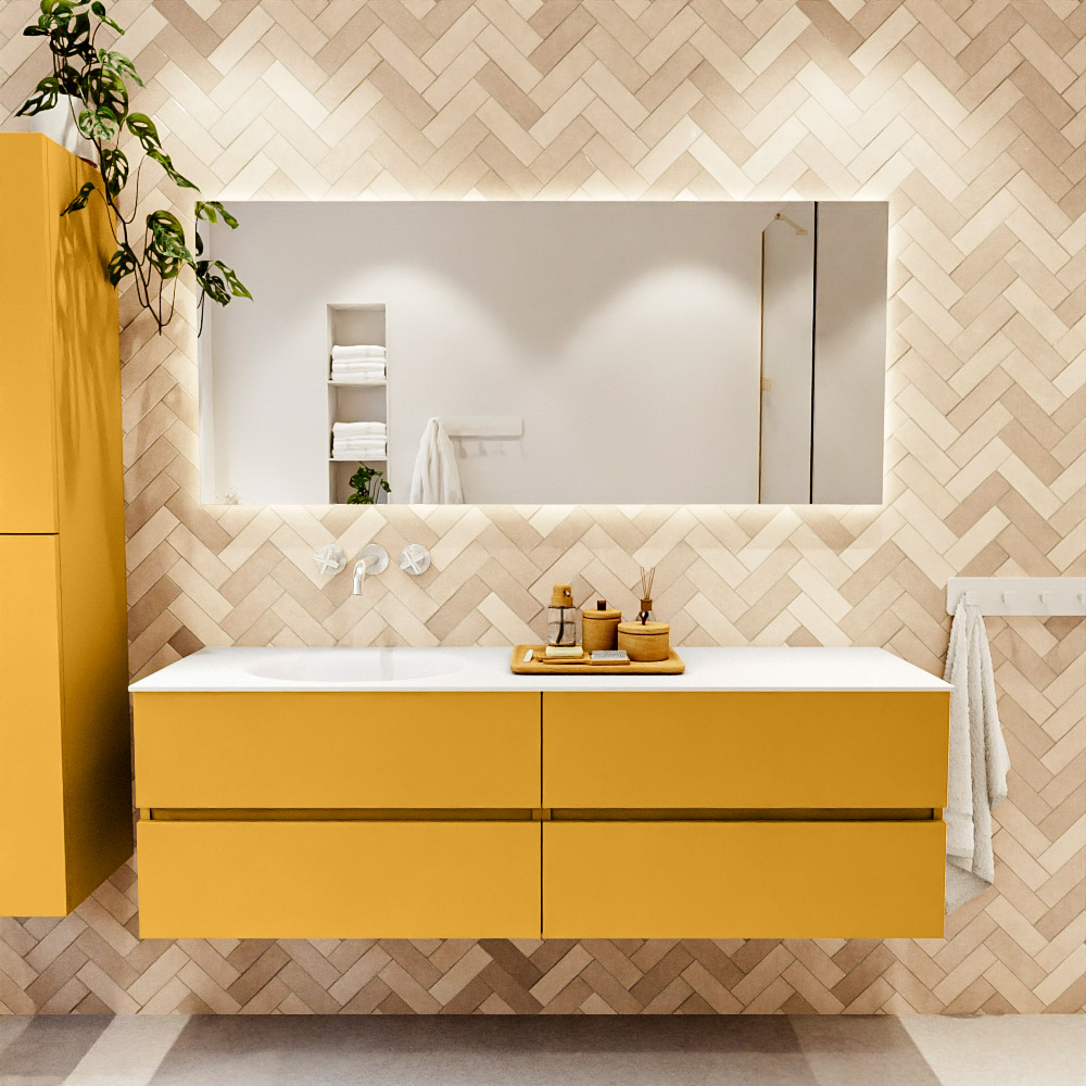 MONDIAZ VICA 160cm mueble de baño Ocher 4 cajones. Lavabo MOON Izquierda sin orificio, color Talc. 2 color Talc.