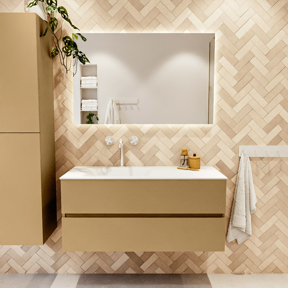 MONDIAZ VICA 110cm mueble de baño Oro 2 cajones. Lavabo CLOUD Izquierda 1 orificio, color Talc. 2 color Talc.