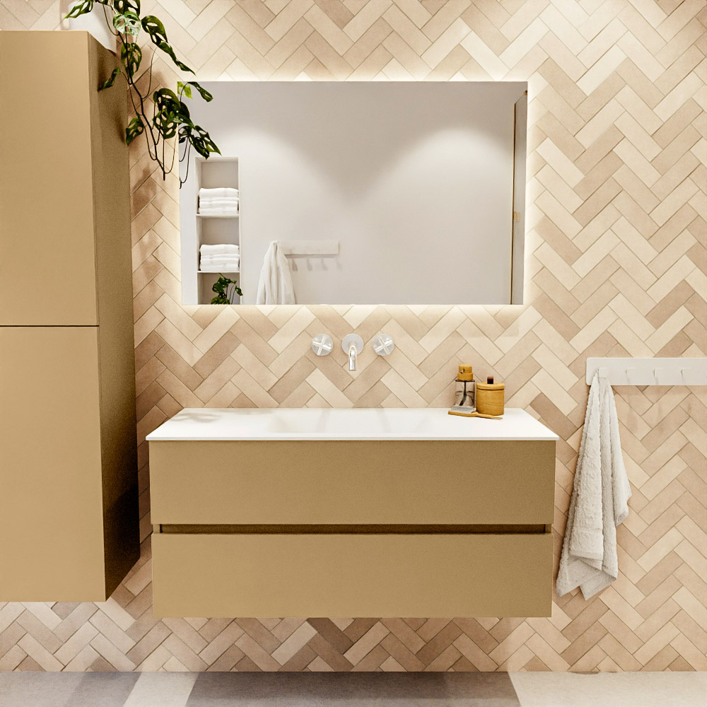 MONDIAZ VICA 110cm mueble de baño Oro 2 cajones. Lavabo CLOUD Centro sin orificio, color Talc. 2 color Talc.