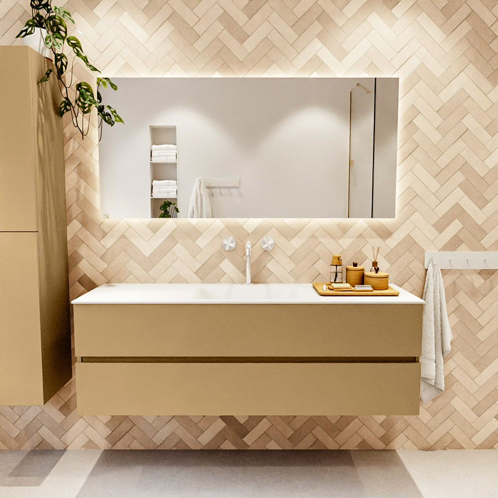 MONDIAZ VICA 150cm mueble de baño Oro 2 cajones. Lavabo CLOUD Centro 1 orificio, color Talc. 2 color Talc.