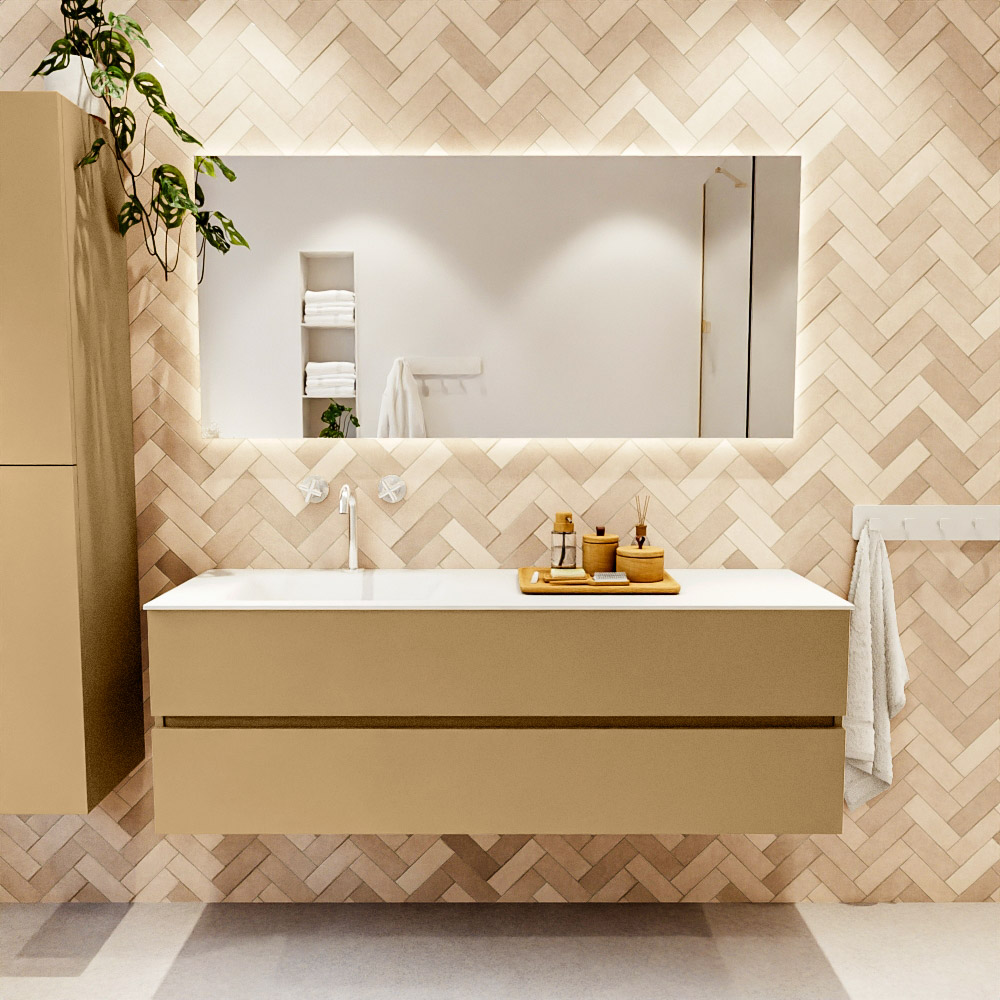 MONDIAZ VICA 150cm mueble de baño Oro 2 cajones. Lavabo CLOUD Izquierda 1 orificio, color Talc. 2 color Talc.