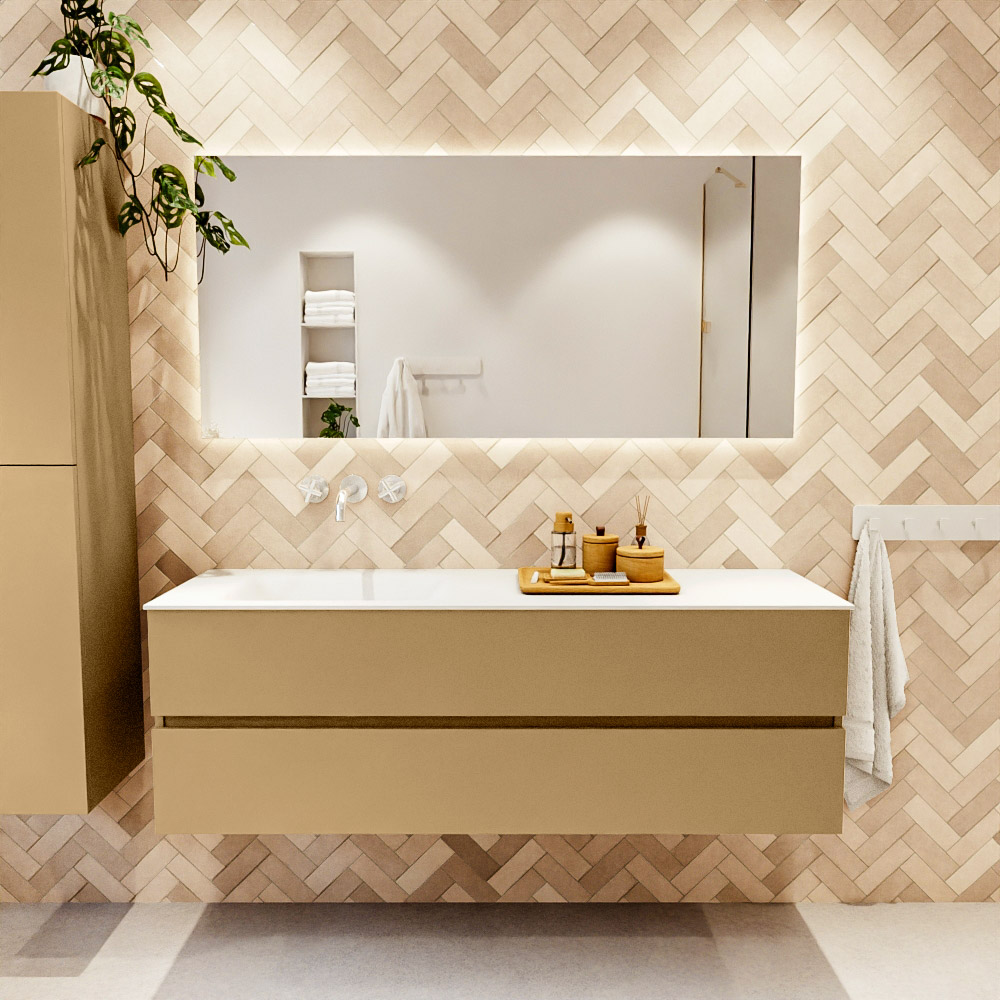 MONDIAZ VICA 150cm mueble de baño Oro 2 cajones. Lavabo CLOUD Izquierda sin orificio, color Talc. 2 color Talc.
