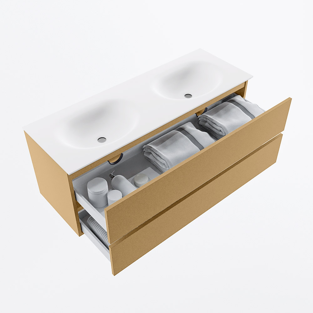 MONDIAZ VICA 130cm mueble de baño Oro 2 cajones. Lavabo MOON Doble sin orificio, color Talc. 7 MONDIAZ VICA 130cm mueble de baño Oro 2 cajones. Lavabo MOON Doble sin orificio, color Talc. - Imagen 7