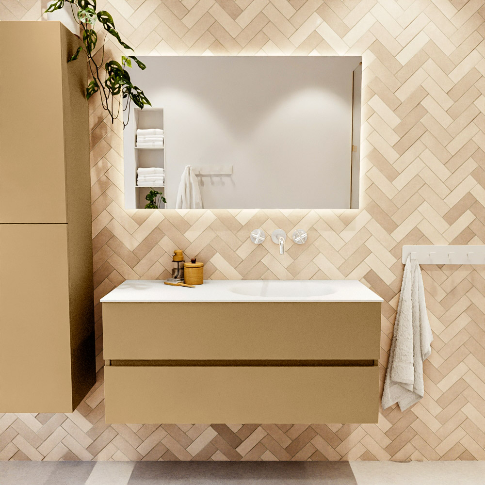 MONDIAZ VICA 110cm mueble de baño Oro 2 cajones. Lavabo MOON Derecho sin orificio, color Talc. 2 color Talc.