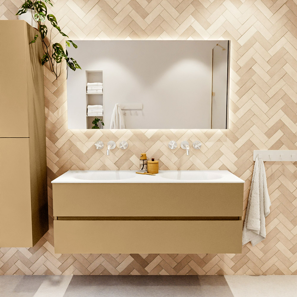 MONDIAZ VICA 130cm mueble de baño Oro 2 cajones. Lavabo MOON Doble sin orificio, color Talc. 2 color Talc.