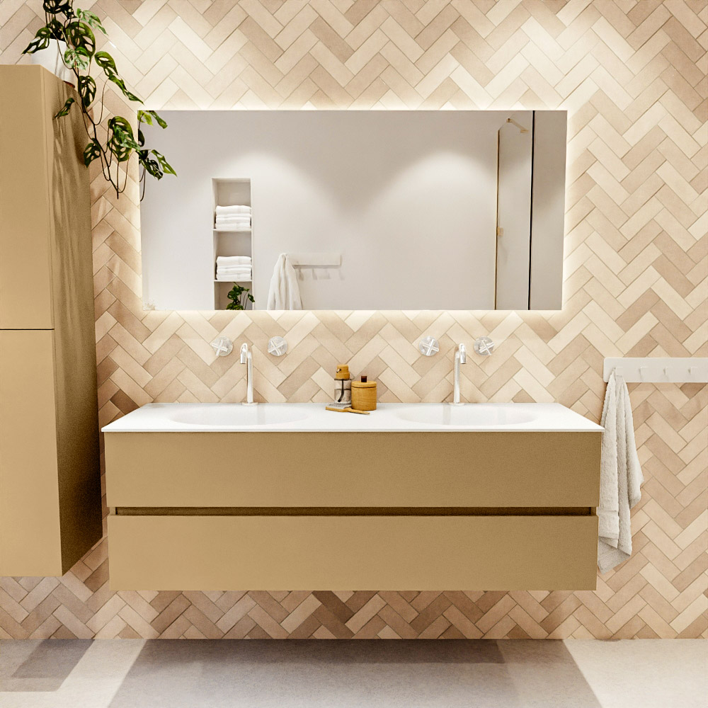 MONDIAZ VICA 150cm mueble de baño Oro 2 cajones. Lavabo MOON Doble 2 orificios, color Talc. 2 color Talc.