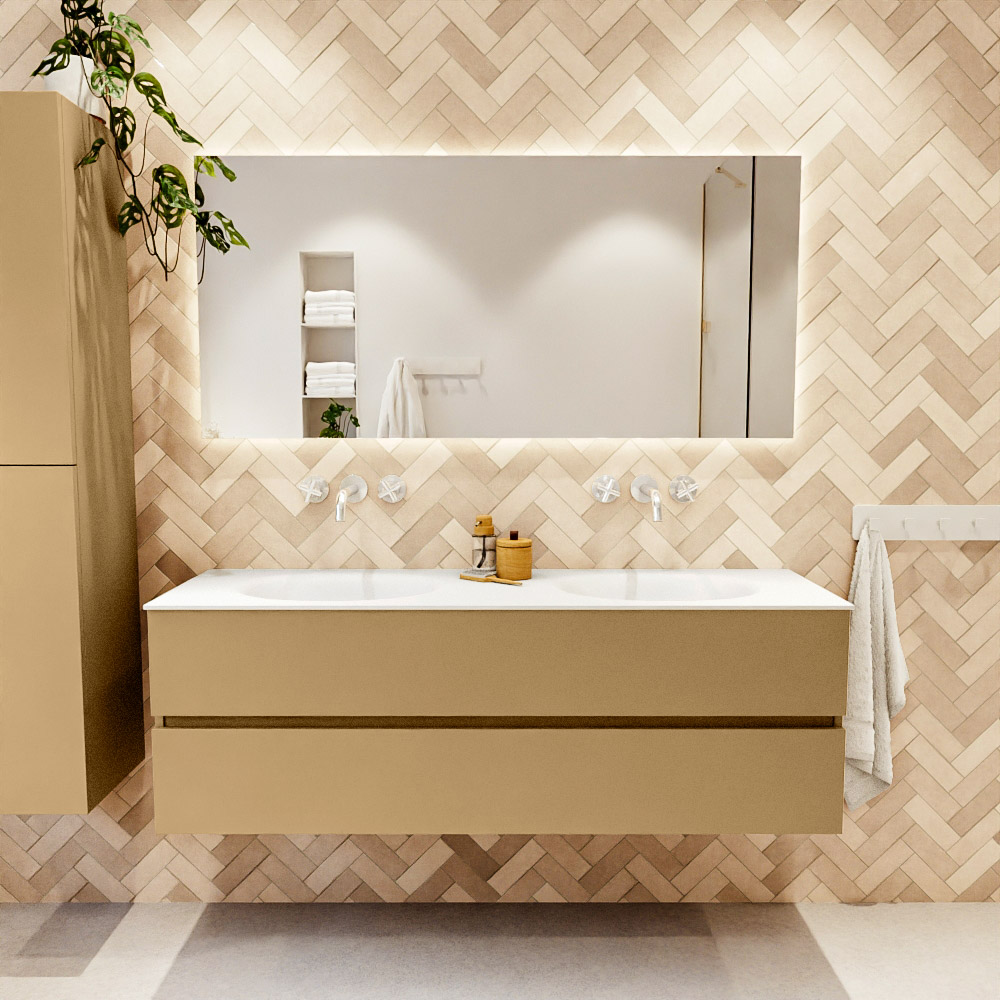 MONDIAZ VICA 150cm mueble de baño Oro 2 cajones. Lavabo MOON Doble sin orificio, color Talc. 2 color Talc.