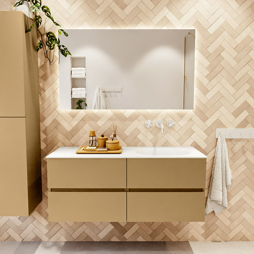 MONDIAZ VICA 120cm mueble de baño Oro 4 cajones. Lavabo MOON Derecho sin orificio, color Talc. 2 color Talc.