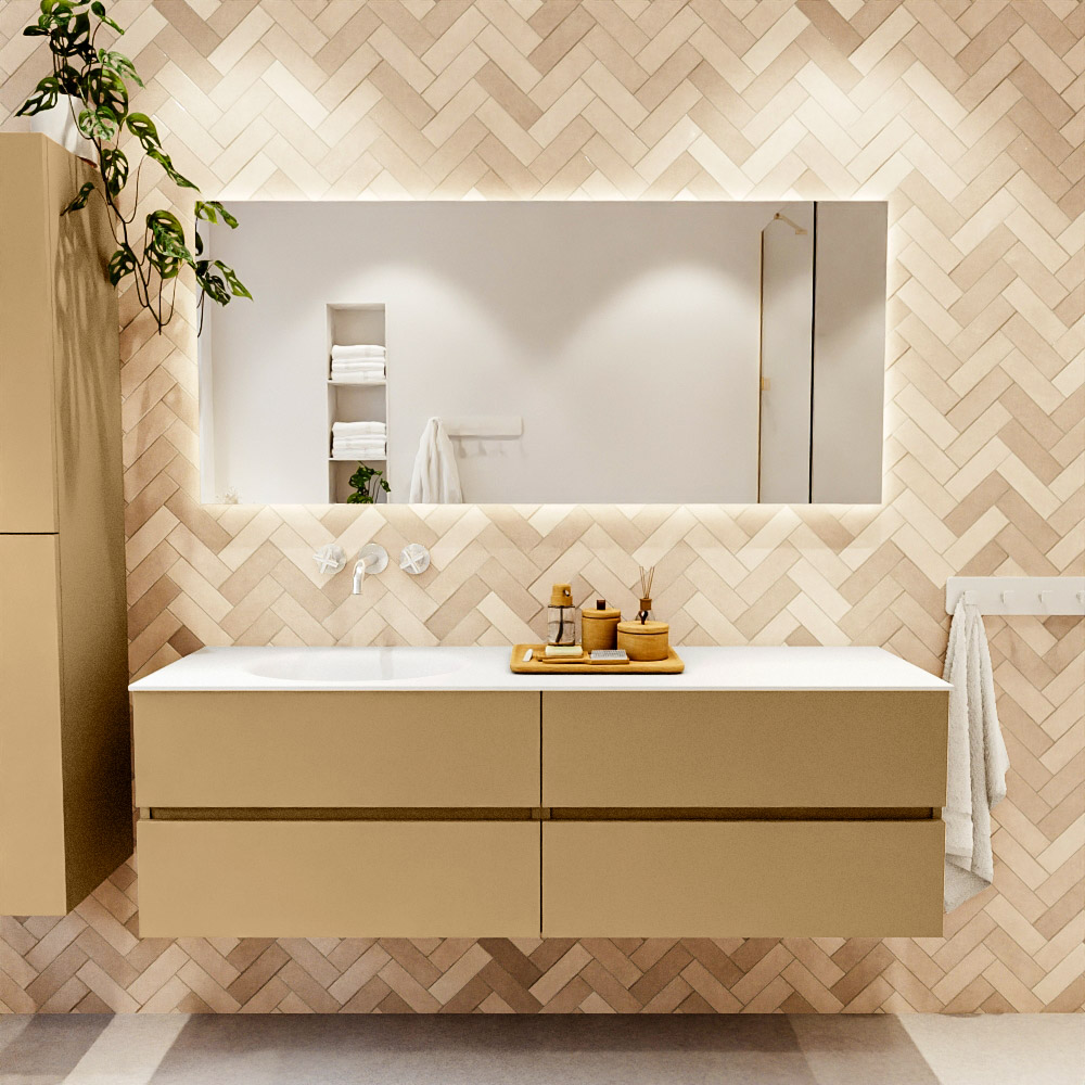 MONDIAZ VICA 160cm mueble de baño Oro 4 cajones. Lavabo MOON Izquierda sin orificio, color Talc. 2 color Talc.