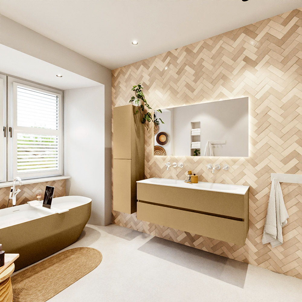 MONDIAZ VICA 130cm mueble de baño Oro 2 cajones. Lavabo MOON Doble sin orificio, color Talc. 4 MONDIAZ VICA 130cm mueble de baño Oro 2 cajones. Lavabo MOON Doble sin orificio, color Talc. - Imagen 4
