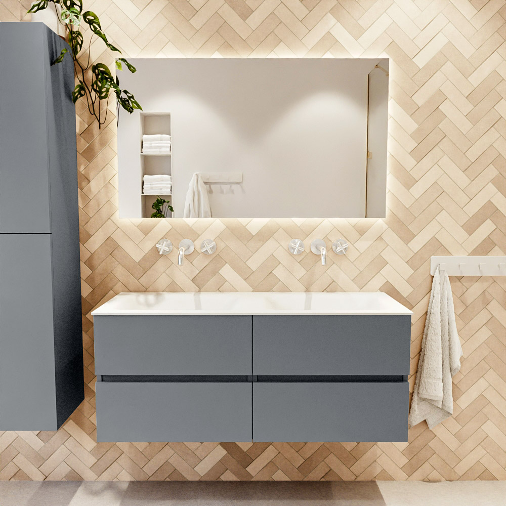 MONDIAZ VICA 120cm mueble de baño Plata 4 cajones. Lavabo CLOUD Doble sin orificio, color Talc. 2 color Talc.