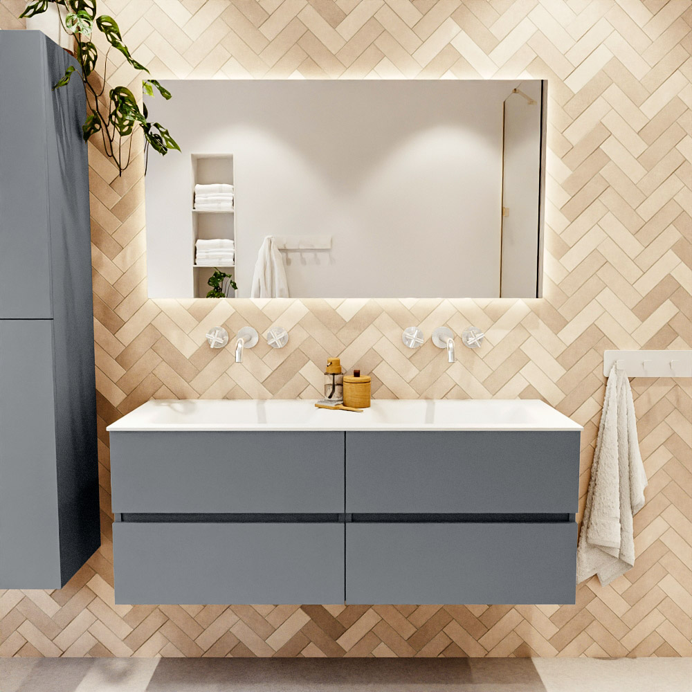 MONDIAZ VICA 130cm mueble de baño Plata 4 cajones. Lavabo CLOUD Doble sin orificio, color Talc. 2 color Talc.